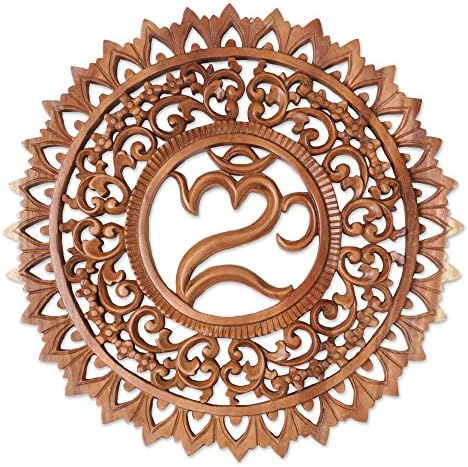 NOVICA Brown Hand Carved Suar Wood Floral Wall Panel, 'Omkara Altar'