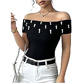 SOLY HUX Women's Off The Shoulder Pearl T Shirt Short Sleeve Slim Fit Going Out Tops