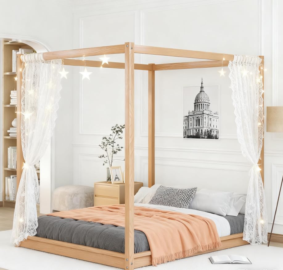 Photo 1 of Bellemave Queen Canopy BedFrame, Montessori Floor Bed, Canopy Platform Bed for Kids, Natural