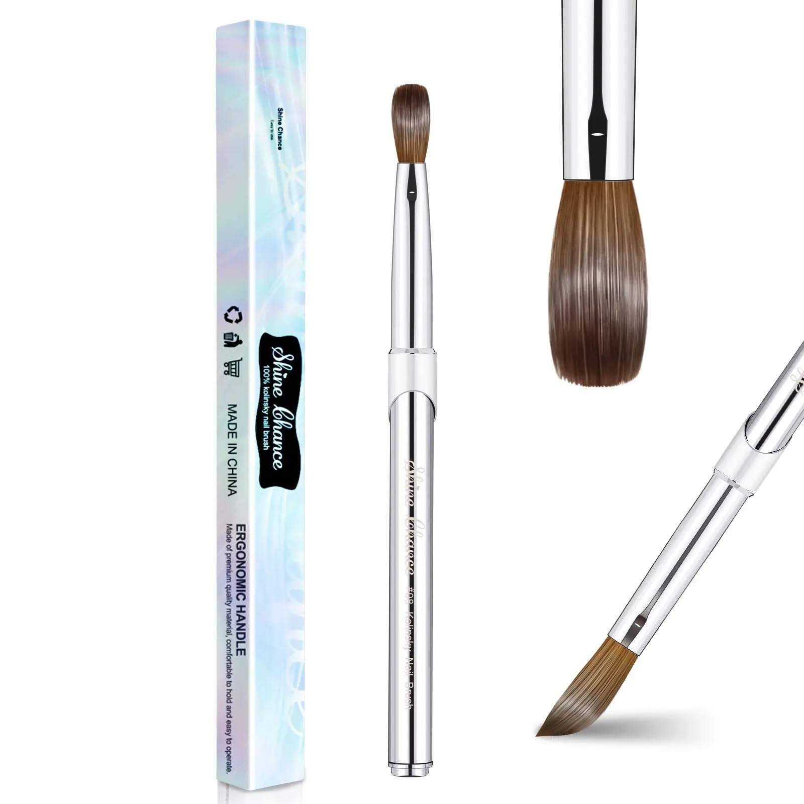 Kolinsky Acrylic Nail Brush 3D Pure Handmade Nail Brushes For Acrylic Application Professional Nail Art Brush (Size 8 Metal)