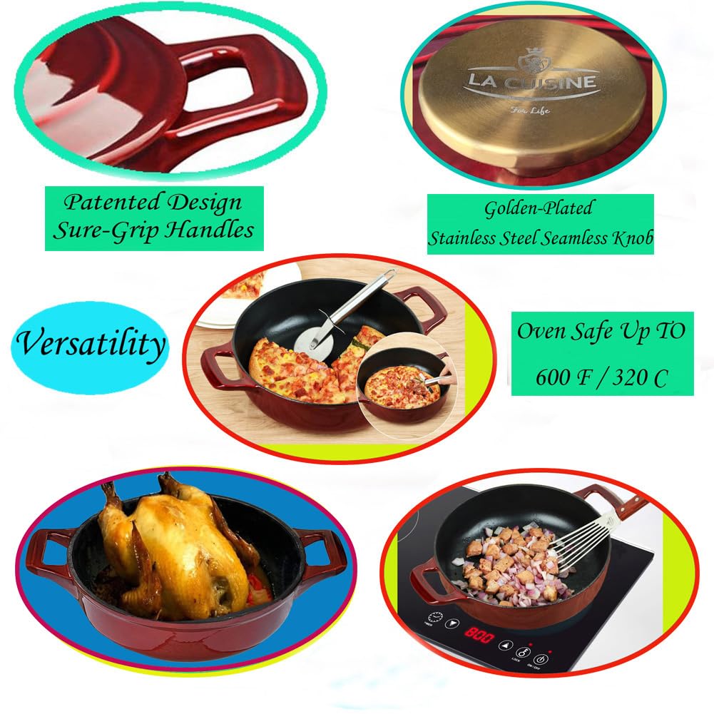 La Cuisine Schmorpfanne aus emailliertem Gusseisen, Servierpfanne, Flache Auflaufform mit Deckel, mattschwarze Innenseite, vergoldeter SS-Knopf, ofenfest. 28 cm 3.5 L. Cranberry 3