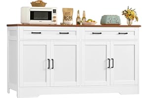usikey 63" Buffet Cabinet with Storage, Large Sideboard Buffet Cabinet with 2 Adjustable Shelves and 4 Doors, Modern Farmhouse Coffee Bar for Kitchen, Living Room, White