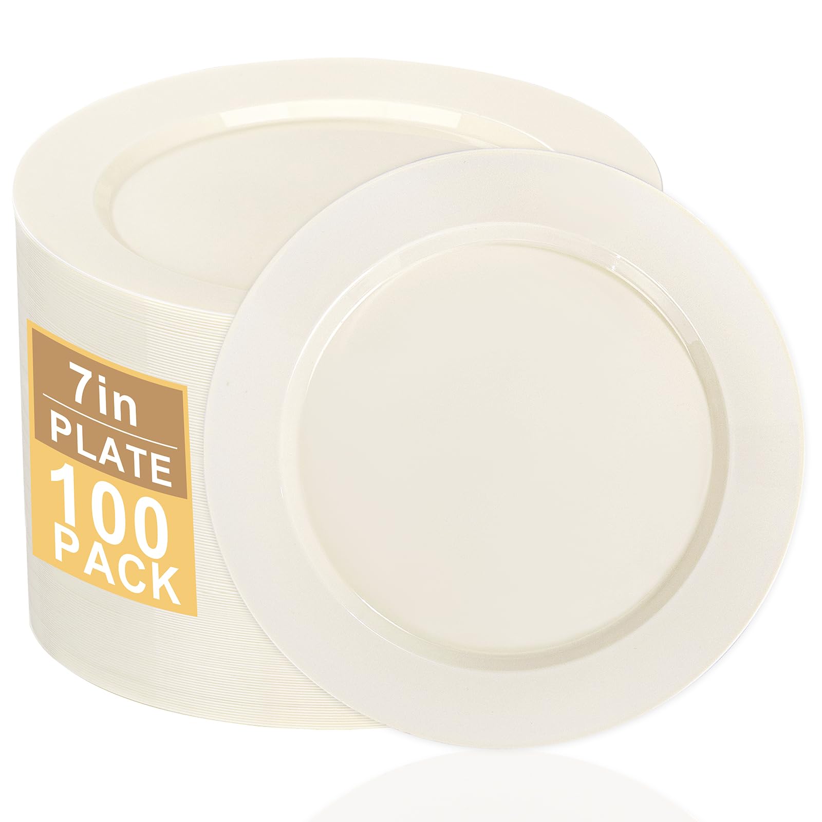 Photo 1 of I00000 100 Pc Ivory Plastic Plates,7inch Cream Dessert Plates, Elegant Disposable Plates Perfect for Wedding, Baby & Bridal Shower or Party (100 Guests)