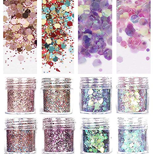 COKOHAPPY 8 Boxes Holographic Unicorn Cosmetic Festival Chunky Glitter Ultra-thin Sequins Iridescent Flakes Sparkles Hexagon Tips Mixed Paillette Face Eyes Body Hair Nail Art - Thumbnail 7