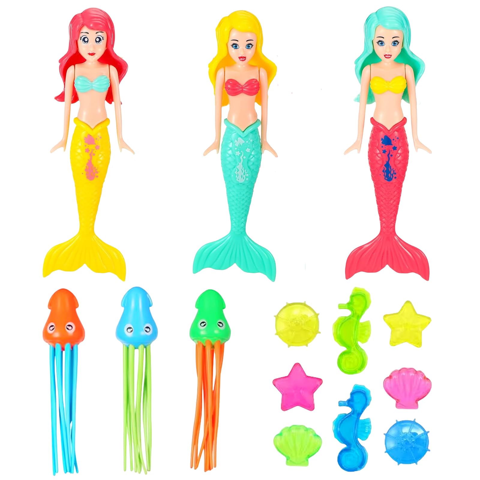 COSORO 14Pcs Diving Pool Toys,Mermaid Swimming Pool Toy Set with 3 Diving Mermaids,3 Fun Squid Dive Toys,8 Marine Gem,Dive Games Bath Water Toy Underwater Training Swim Toy for Kids Age 3-12 — image 1