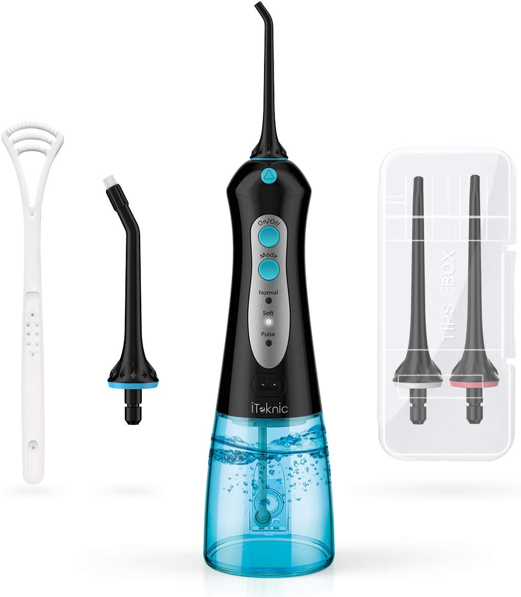 iTeknic Cordless Water Flosser for Teeth Oral Dental Water Irrigator Portable with 300ml Water Tank, 4+1 Jet Tips Teeth Cleaner for Braces, 3 Modes, IPX7 Waterproof, USB Rechargeable, 1 Tip Box, Black