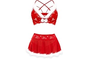 PITINAN Sexy Lingerie for Women Naughty 3 Piece Lace Bralette, Mini Skirt with G-String Crotchless Teddy Lingerie Set