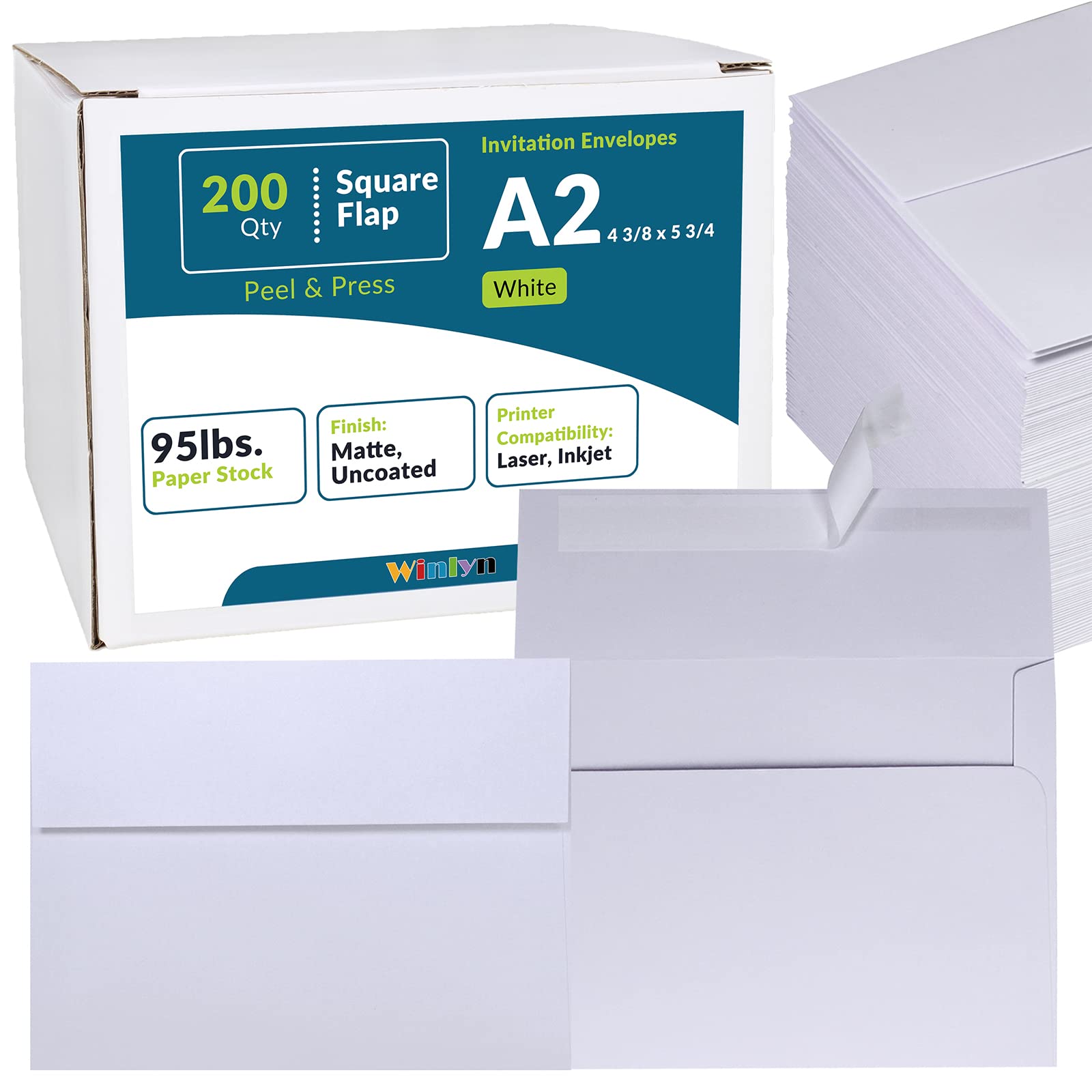 Photo 1 of 200 Pcs Bulk A2 Invitation Envelopes in White Peel & Press Self Seal 4 3/8 x 5 3/4 Square Flap Envelopes RSVP Return Envelopes 95lb. for Announcement Mailing 4x5 Greeting Cards Photo 1/4 Fold Cards