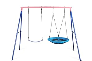 Lunafun Outdoor Swings for Kids, 440lbs, Heavy-Duty A-Frame Metal Outdoor Swing Stand, 1 Saucer & 1 Belt Swing Seat for Playground, Backyard Blue