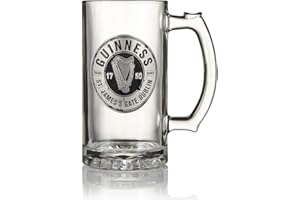 Guinness Label Tankard with Pewter Logo Beer Pub Style Pint Glass - Tankard Style Glass with Metal Badge