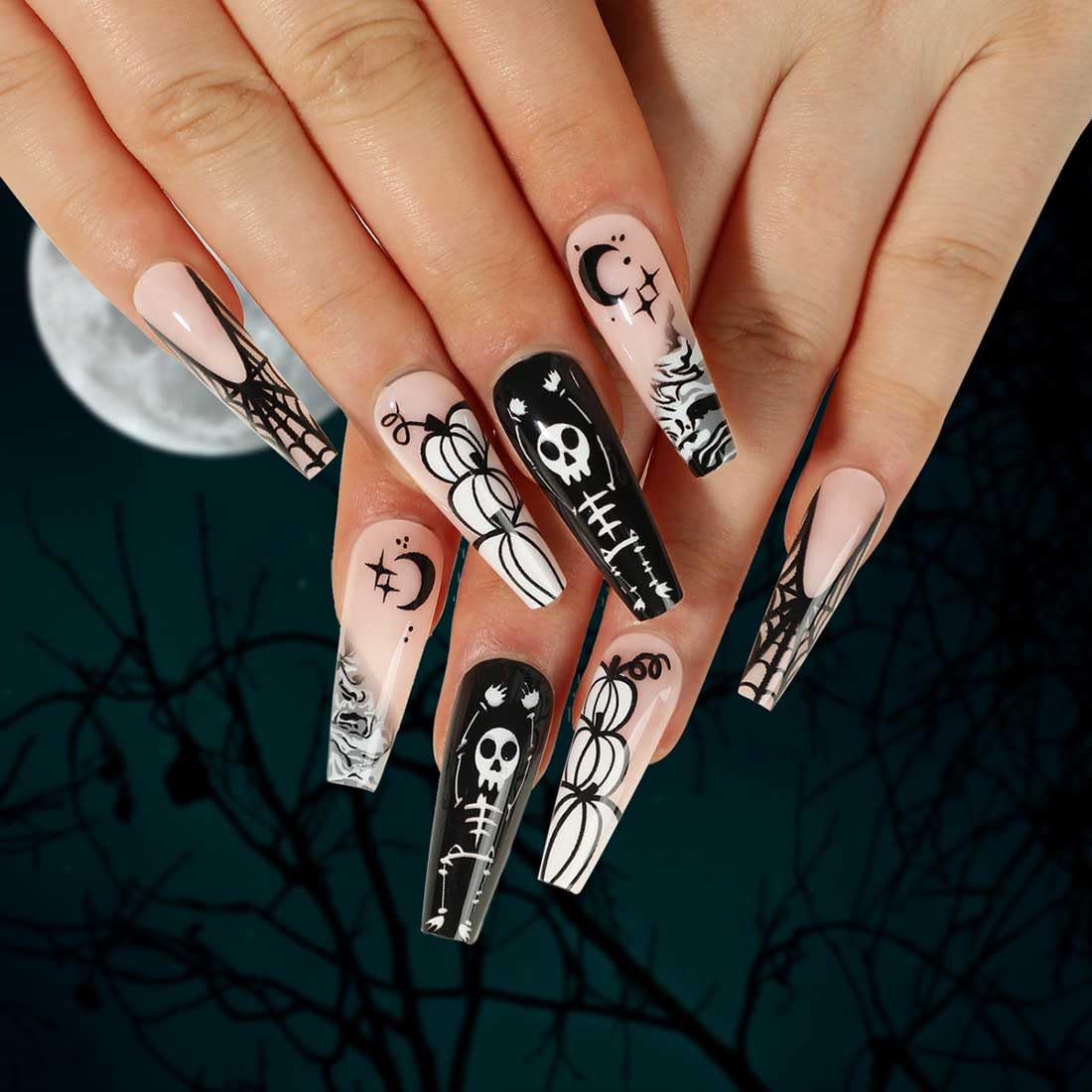 Cubahop 24pcs Long Coffin Black Halloween Human Skeleton Fake Nails Press on Nails Pumpkin Spider False Nail Stick on Nails for Women and Girls