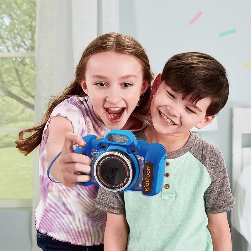 Vtech - kidizoom duo fx azul, câmera fotográfica infantil, selfies, vídeo, tela colorida, estúdio de quadrinhos, filtros e efeitos divertidos, presente para crianças de 4 a 12 anos, conteúdo em espanhol