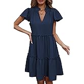 Famulily Summer Dress for Women Ruffle Cap Sleeve Pleated V Neck Dress Tiered Swing A Line Babydoll Mini Dress