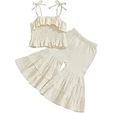 Kavousa Toddler Baby Girl Smocked Outfit Ruffle Halter Shirt Flared Pants Set Toddler Bell Bottom Outfit Summer Clothes