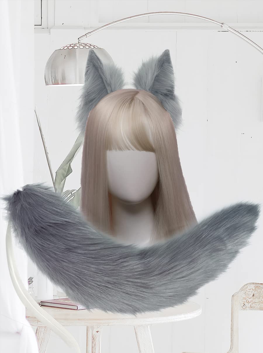 Photo 1 of **PARTIAL SET/MISSING EARS** CoFoWo Handmade Grey Cat Fox Wolf Ears and Tail Set,Animal Tail Cosplay, Halloween Christmas Fancy Party Furry Costume, Funny Gifts(Pure Grey)