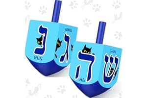 Wonderjune 2 Pcs Hanukkah Dreidels Extra Large Wooden Dreidel for Hanukkah Decoration with English Transliteration, Forever Spinning Tops Party Favors(Cat)