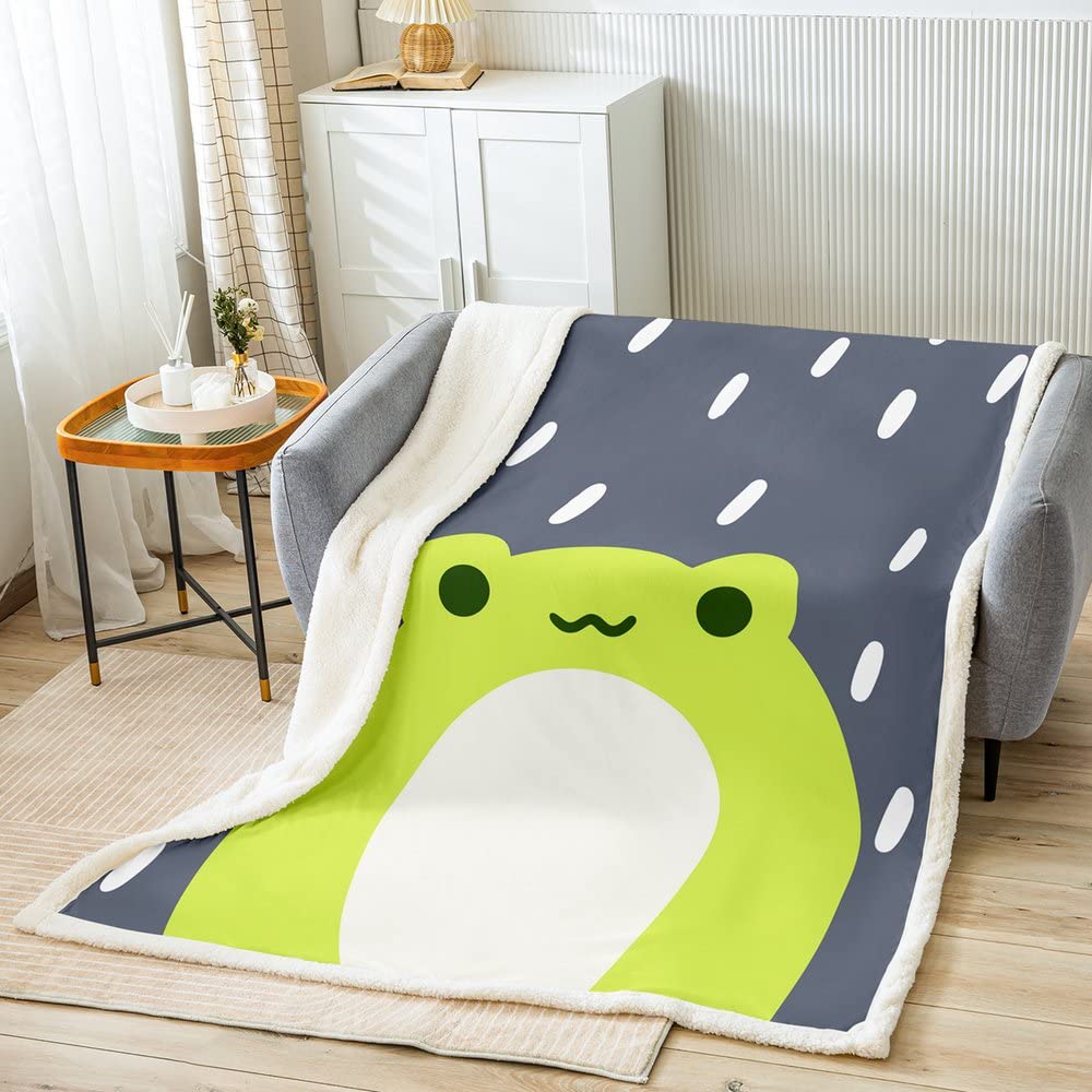 Loussiesd Cartoon Frog Sherpa Blanket 3D Animals Plush Blanket Rain Cute Animal Frog Green Gray Fleece Throw Blanket for Bed Sofa Warm Fuzzy Blanket Ultra Soft Double 60x79 Inch