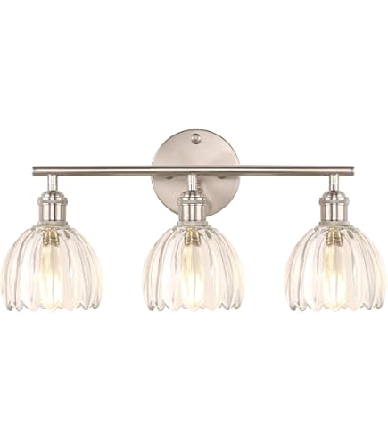 ANDY STAR Brushed Nickel 3-Light Vanity Light – Clear Pumpkin-Ribbed Glass Globes, G9 Base, Dimmable, Anti-Rust Metal, For Bathroom, Bedroom Or Hallway