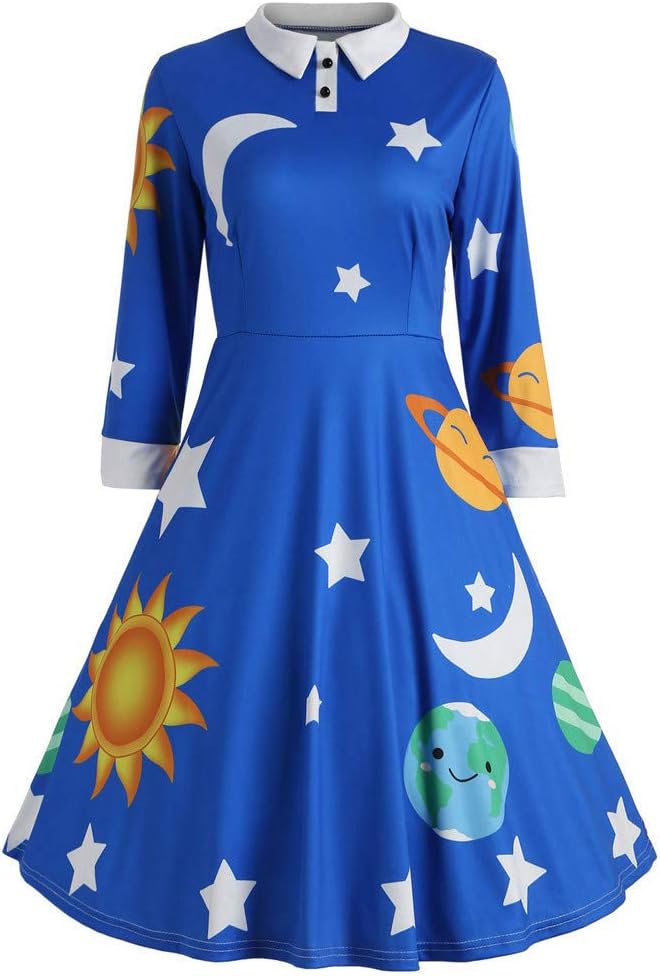 Women's Long Sleeve Print Bottom Flare Vintage Dress