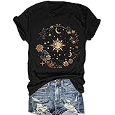 MZEAZRK Women Mystic Moon and Sun Flower Shirt Boho Wildflower Celestial Moon Graphic T Shirts Short Sleeve Tops