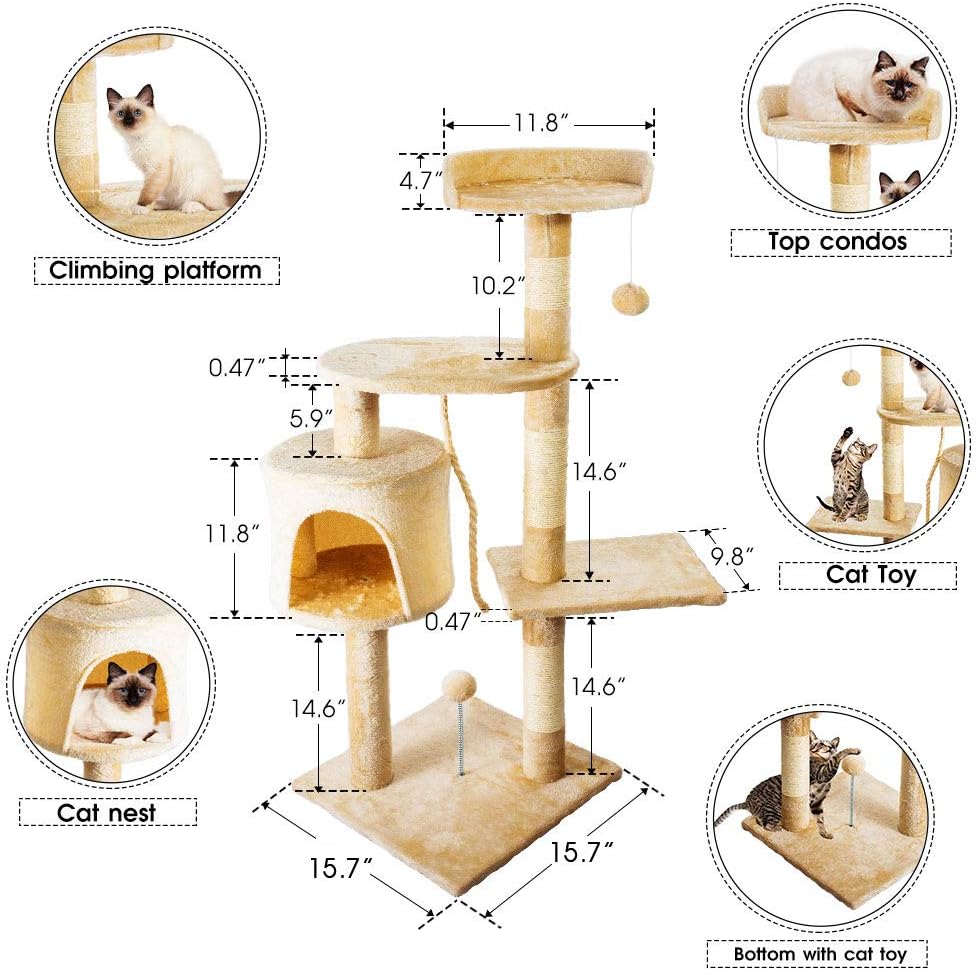 Cat Tree Condo Multi-Level Cat Tower with Sisal Scratching Posts, Cat Scratching Furniture Plush Perches Kitten Activity Tower Kitty Play House, Beige : Pet Supplies