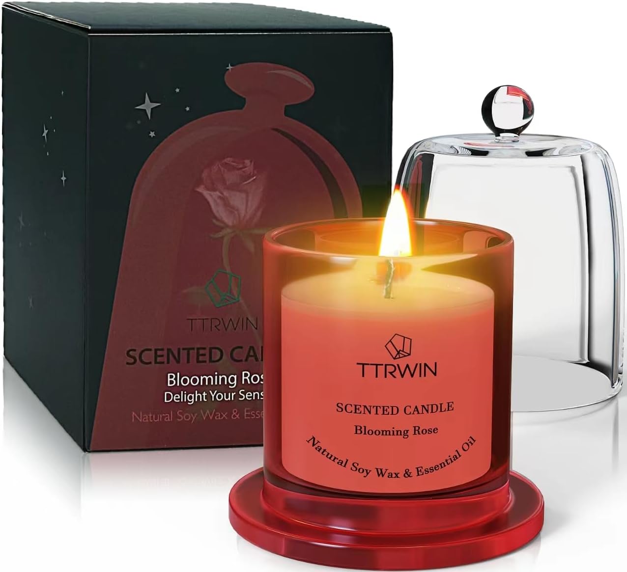 Candles & Holders - TTRWIN Rose Scented Candle, Natural Soy Wax, Red Rose Glass Jar with Bell Dome, 150g, 40H+ Long Lasting Aromatherapy Candle, Romantic Gift for Her Birthday, Valentine, Wedding, Christmas