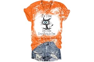 Sisgaa Womens I'm Fine Everything is Fine V Neck T-Shirts Summer Short Sleeve Funny Letter Printed Loose Cat Graphic Tee Tops