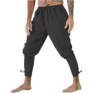Mens Medieval Pirate Pants Renaissance Ankle Banded Viking Ren Faire Pants Cotton Drawstring Elastic High Waist Costume Pants
