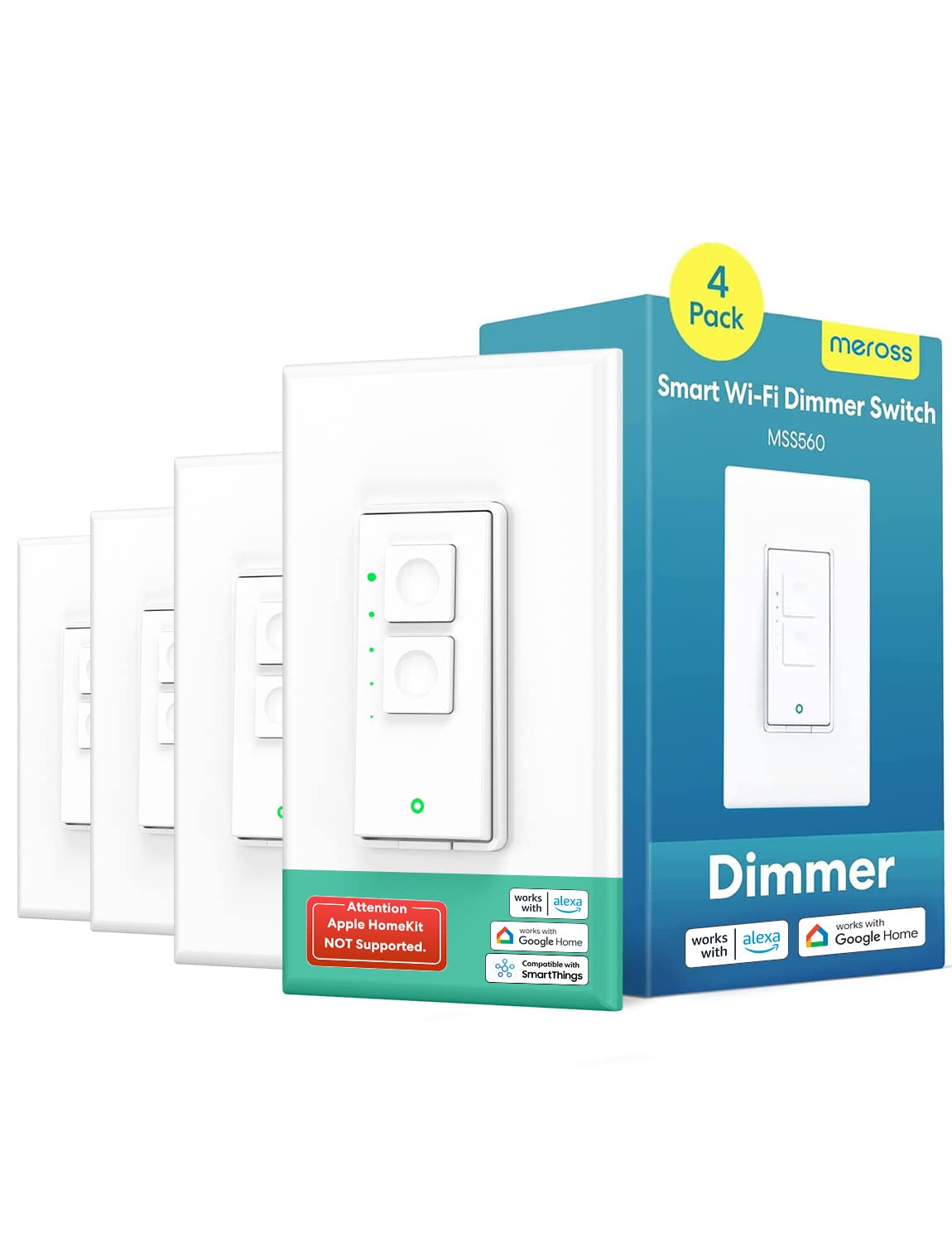 Photo 1 of meross Smart Dimmer Switch Single Pole, Smart WiFi Light Switch for Dimmable LED, Compatible with Alexa, Google Assistant, Neutral Wire Required, Remote Control Schedule, No Hub Needed, 4 Pack