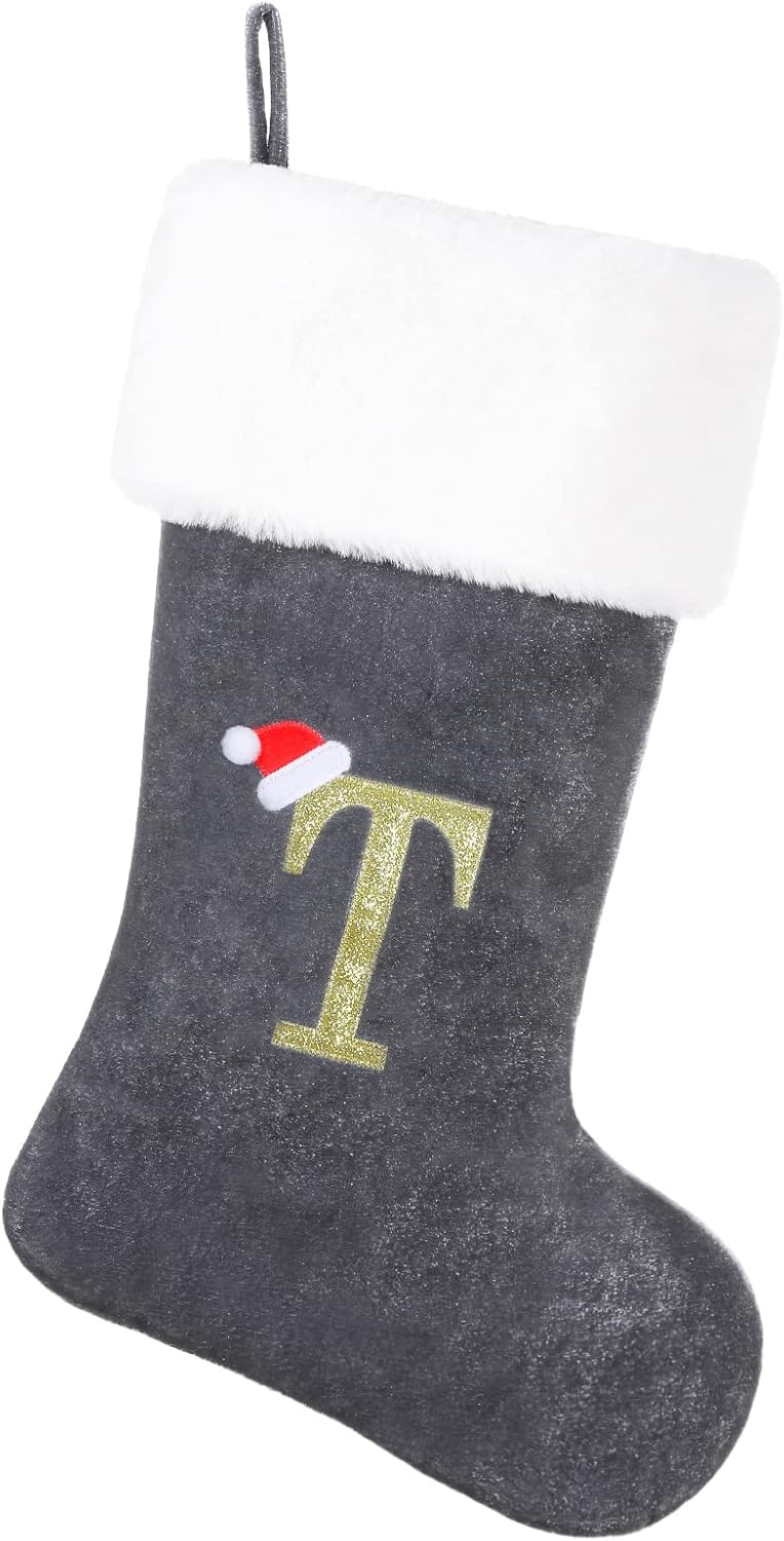 Stockings & Holders - SIRIPHUM 20 Inches Monogram Christmas Stocking Deluxe Velvet Body with Super Soft Plush Cuff Embroidered Letter(T)