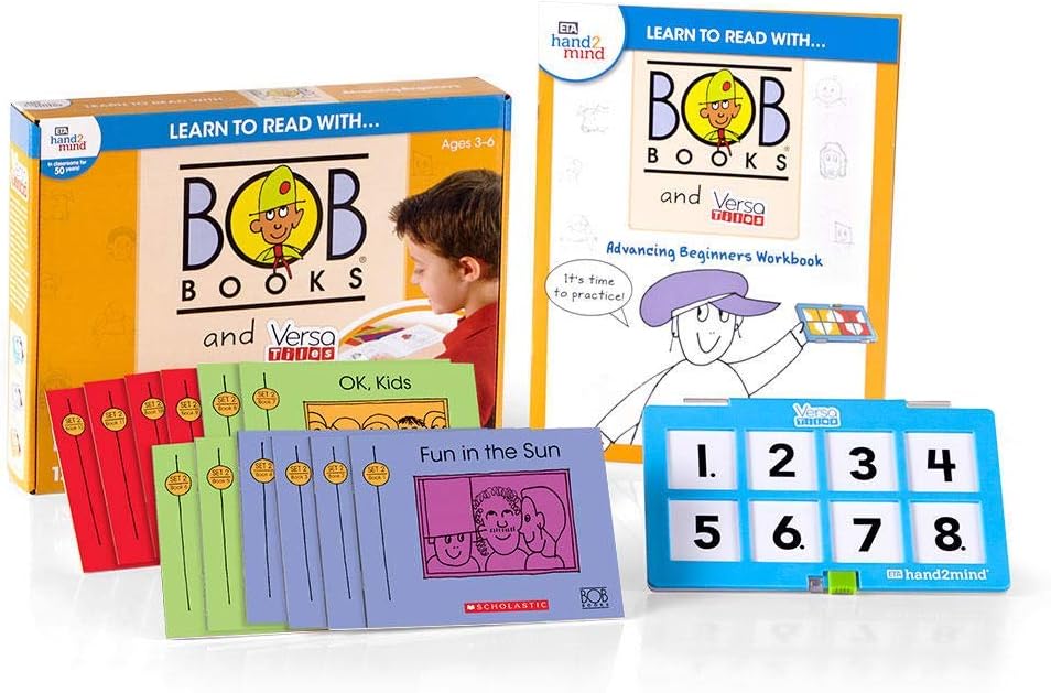 hand2mind - 90810 Learn To Read With BOB Books And VersaTiles Advancing Beginner Set, Early Reader Books For Kids Ages 4-6, 12 BOB Books, Workbook And Answer Case, Homeschool Kindergarten Supplies