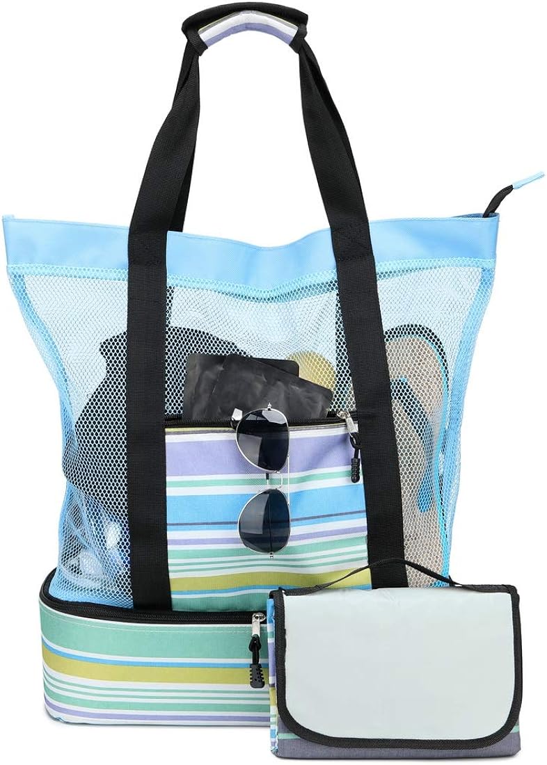 Acmebon Large Mesh Beach Tote Bag with Picnic Blanket and Built-in Insulated Cooler