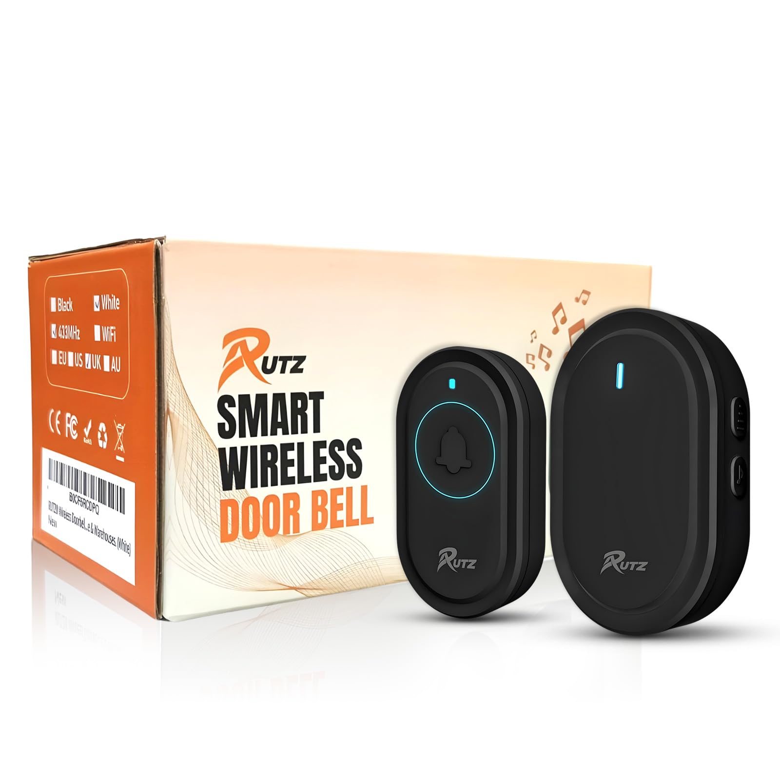 RUTZ® Wireless Doorbell, Waterproof Plug-in Door Bells Wireless Cordless Chime Kit at The Range of 300m with 39 Chimes, 5-Level Volume & LED Light, Easy to Install for Home & Apartment (Black)