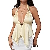 MakeMeChic Women's Satin Halter Tops Metal Ring Tie Open Back Asymmetrical Ruffle Tank Tops