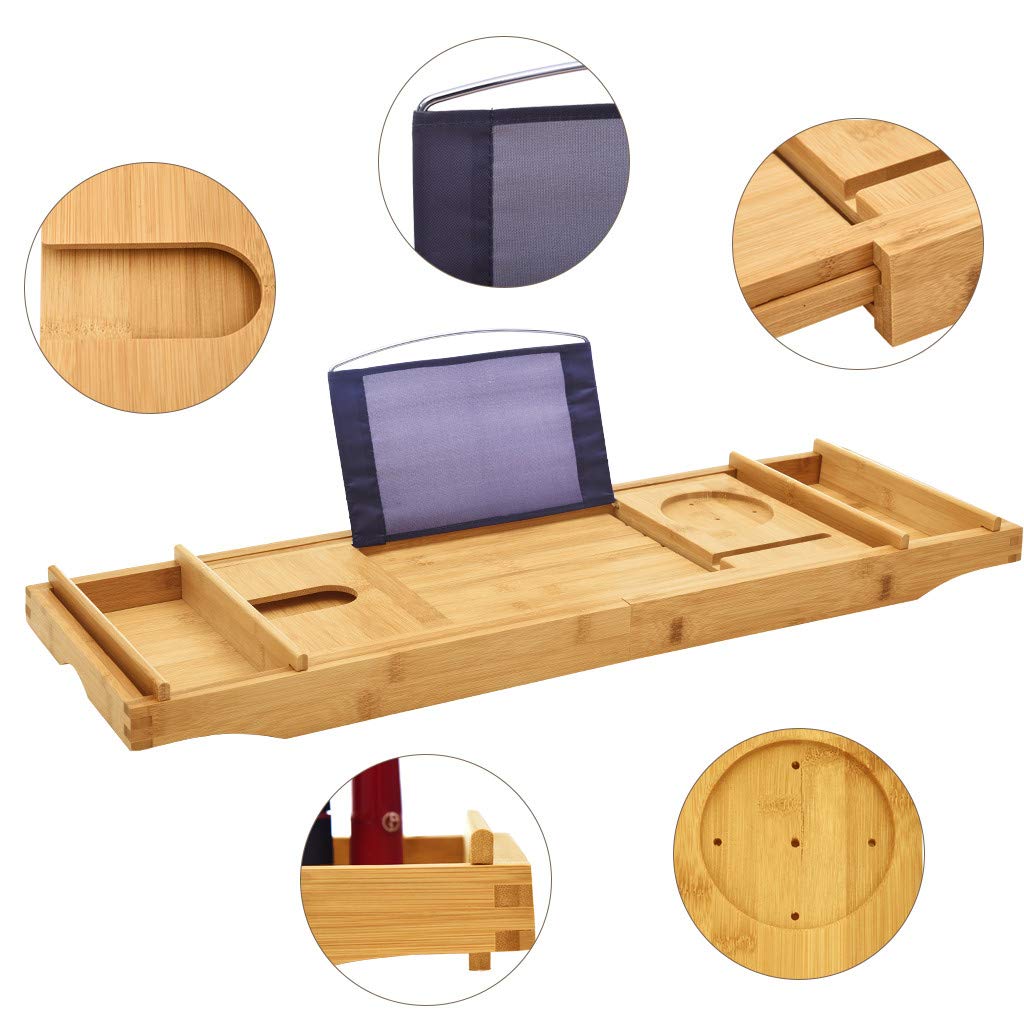 Bamboo Bathtub Caddy Tray with Wine and Book Holder Bamboo One or Two Person Bath Tray Luxury Spa Organizer with Folding Sides Adjustment Breakfast Serving Tray