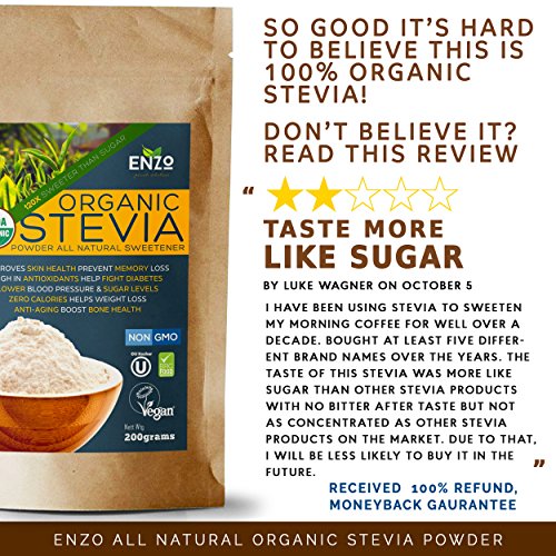 Easy Use Organic Stevia Powder 200g (7.05oz / 1600 Servings) All Natural Alternative Sweetener 12 x Sweeter than Processed Sugar USDA Certified No Artificial additives & fillers