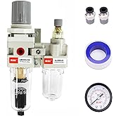 RIH Pneumatics Compressed Air Filter Regulator Lubricator Combo Water/Oil Trap Separator - Gauge(0-150 psi), Auto Drain, Poly