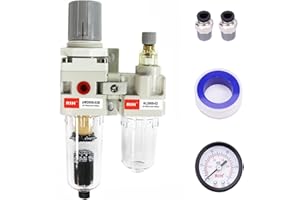 RIH Pneumatics Compressed Air Filter Regulator Lubricator Combo Water/Oil Trap Separator - Gauge(0-150 psi), Semi-Auto Drain, Poly Bowl,Bracket - 3 in 1 Two Unit (1/4“ NPT Auto Drain)
