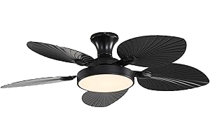 Tropical Ceiling Fans with Lights and Remote,46 Inch Palm Leaf Ceiling Fan for Patios Porch Bedroom, Dimmable, 6 Speeds, Reve