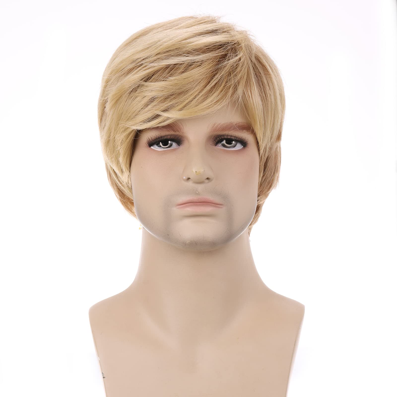 Photo 1 of BERON Mens Blonde Wig Short Straight Blonde Wig Male blonde Hair Heat Resistant Synthetic Daily Wear Costume Wig Come with Wig Cap (Golden Blonde)