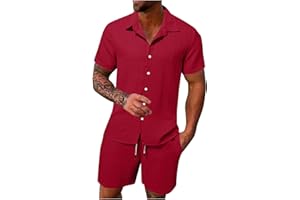 GENERIC Mens Summer 2 Piece Outfits for Vacation Beach Hawaiian Short Sleeve Button Down Cotton Linen Cuban Shirts Shorts Set