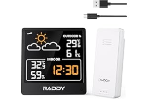 Raddy WF-50T Indoor Outdoor Thermometer Hygrometer Wireless Weather Station, Battery Powered Temperature & Humidity Monitor, 