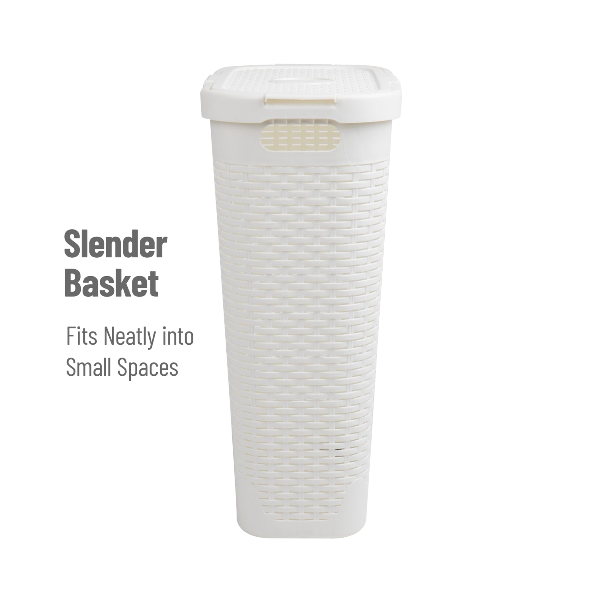 Mind Reader Slim Laundry Hamper with Lid, 40L Clothes Basket, Premium Wicker Design, Plastic, White