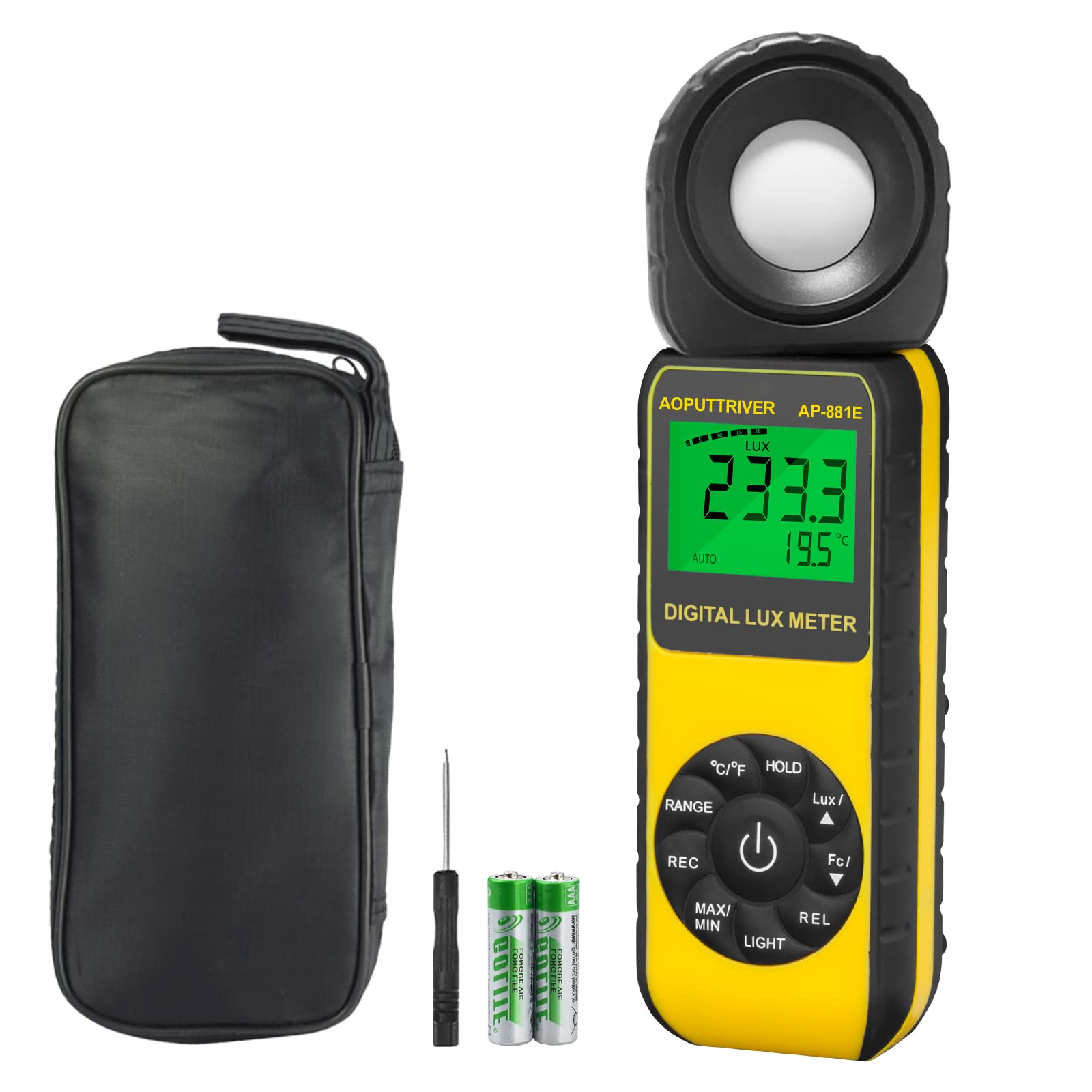 Handheld Light Meter, AOPUTTRIVER AP-881E Digital Illuminance Light Meter with 0.01~300,000 Lux (0.01~30,000 FC), Foot Candles Luxmeter with 270ยบ Rotated Sensor with Temp(โ/โ) and Backlit for Plants