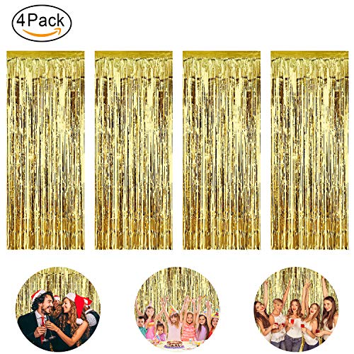 pozzolanas 4 Pack Foil Fringe Curtain Metallic Tinsel Shimmer Party Photo Backdrop Curtains for Birthday, Engagement, Baby Shower, Weddings Party and Celebrations Backdrop Decorations(Gold)