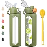 chunmo 24 oz Glass Water Bottles with 2 Lids-Handle Spout Lid & Straw Lid, Motivational Water Bottle with Time Marker and Silicone Sleeve,Leakproof-Army Green-1 Pack
