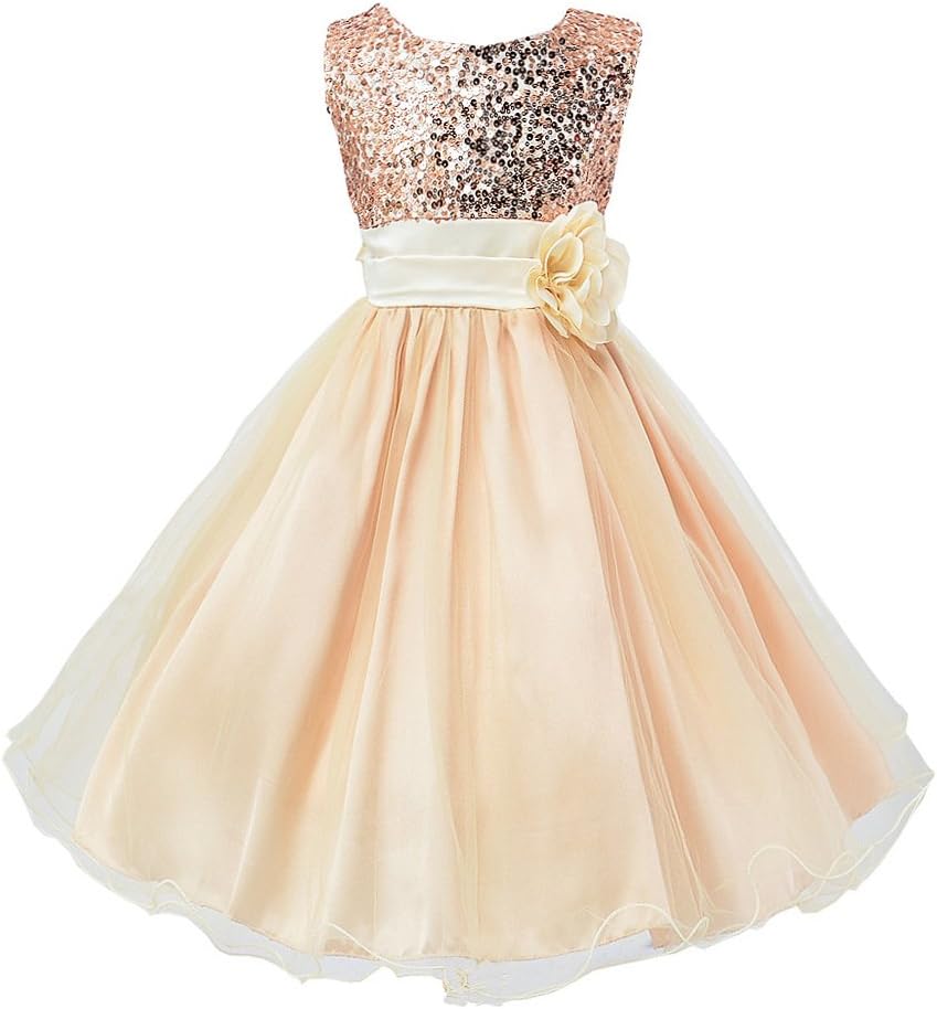 Wocau Little Girls' Sequin Mesh Tull Dress Sleeveless Flower Party Ball Gown