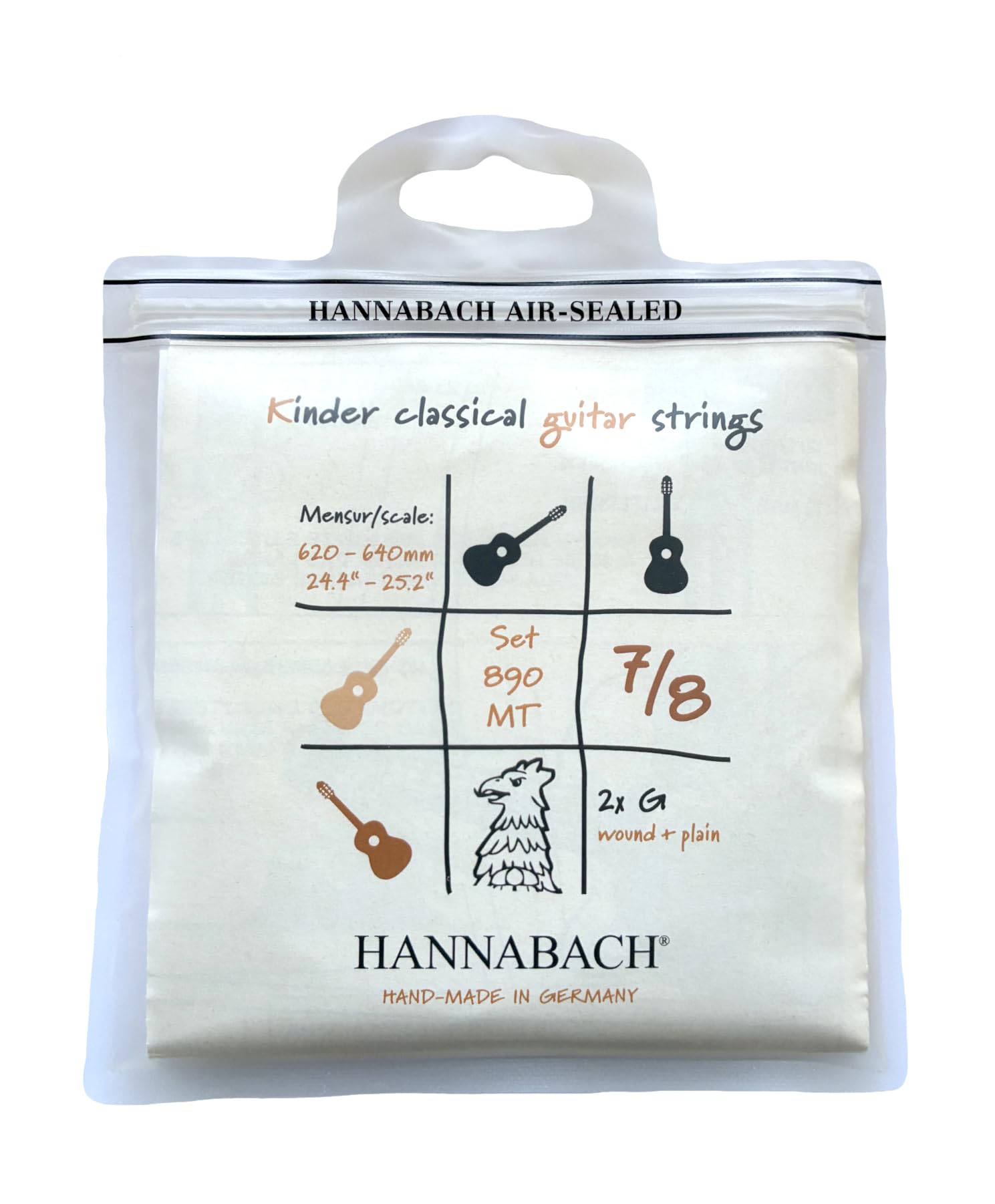 Hannabach Classical Guitar Strings Series 890 MT for 7/8 Children's Guitar Scale: 62-64 cm - Set with 2 G-strings - 890MT 7/8