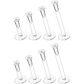Clear Earrings for Work Sports Surgery Piercing Retainers - 16g Bioflex Labret Clear Piercing Jewelry Studs for Ears - Invisible Nose Studs Plastic for Cartilage Lip (6mm 8mm 10mm 12mm) 8pcs Set