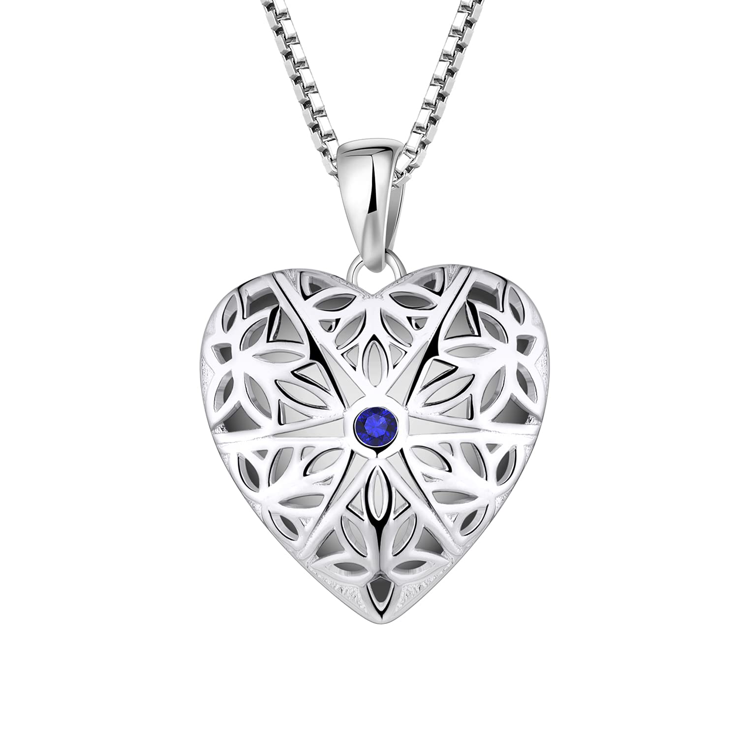 FJ Heart Photo Locket Necklace 925 Sterling Silver Personalised Picture Memory Locket Pendant Necklace Sapphire Vintage Jewellery Gifts for Women Ladies Girls